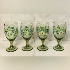 Hand Painted Sunflowers Glass Water Goblet Set Farmhouse Rustic Cottagecore